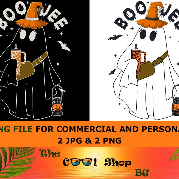 Boo Jee Png, Cute Ghost With Coffee In Witch Hat Png Cut File For Cricut, Boujee Png Fall And Halloween Png Sublimation DTF Print.