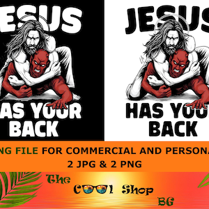 Könnte beinhalten: Grafikdesign mit Jesus in weißer Kleidung, der eine rote Teufelsfigur umarmt. Der Text "JESUS HAS YOUR BACK" ist in weißen, fetten Buchstaben dargestellt. Das Bild ist als Schneidedatei für kommerzielle und private Zwecke verfügbar.