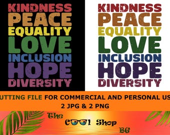 Amabilidad, Paz, Igualdad, Amor, Inclusión, Esperanza, Diversidad (Páginas PNG), Póster inspirador, Decoración escolar imprimible, Archivo PNG para Cricut, Proyecto de bricolaje
