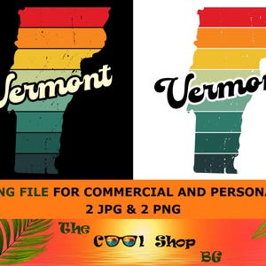 Puede incluir: Un gráfico de estilo retro con el contorno de Vermont en un diseño a rayas de rojo, naranja, amarillo, verde y turquesa. La palabra "Vermont" está escrita en cursiva. La imagen incluye el texto "CUTTING FILE FOR COMMERCIAL AND PERSONAL USE".