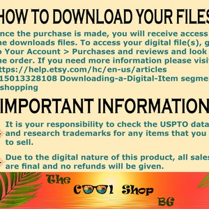 Peut inclure: Un graphique jaune et orange avec le texte "HOW TO DOWNLOAD YOUR FILES" et "IMPORTANT INFORMATION!" Le texte explique comment t&eacute;l&eacute;charger des fichiers num&eacute;riques apr&egrave;s l'achat et inclut un lien vers une page d'aide. Le texte indique &eacute;galement que toutes les ventes sont finales et qu'aucun remboursement ne sera accord&eacute;.