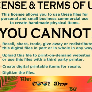 May include: A yellow and white sign with the text "LICENSE & TERMS OF USE" in black. The sign lists what is allowed and not allowed when using digital files. The sign also includes the text "The Cool Shop BG".
