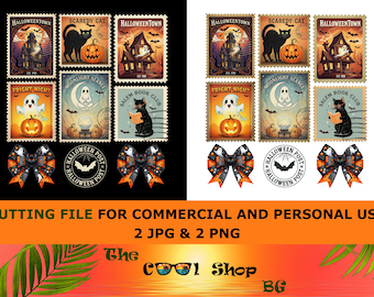 Set di timbri retrò di Halloween in formato PNG, fantasma carino, gatto divertente, zucca e clipart di casa infestata, PNG vintage spettrali per adesivi, sublimazione a silhouette