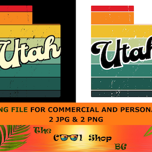 Puede incluir: Gráfico de estilo retro con el contorno de Utah y un fondo a rayas en rojo, naranja, amarillo y verde azulado. La palabra "Utah" está escrita en una fuente estilizada. Incluye el texto "CUTTING FILE FOR COMMERCIAL AND PERSONAL USE".