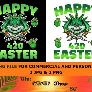 Könnte beinhalten: Grün-schwarzes Grafikdesign mit dem Text "Happy 420 Easter" mit einem Cartoon-Kaninchen mit Marihuana-Blättern und einem Joint im Maul.