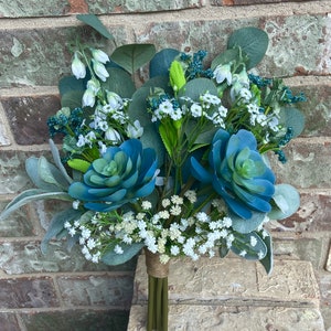 Succulent Bouquet/Boho Bouquet/Blue and White Wedding Flowers/