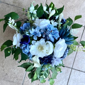 Succulent Bouquet/Dusty Blue Cascading Bouquet/Dusty Blue  Wedding Flowers/Navy & White Bouquet