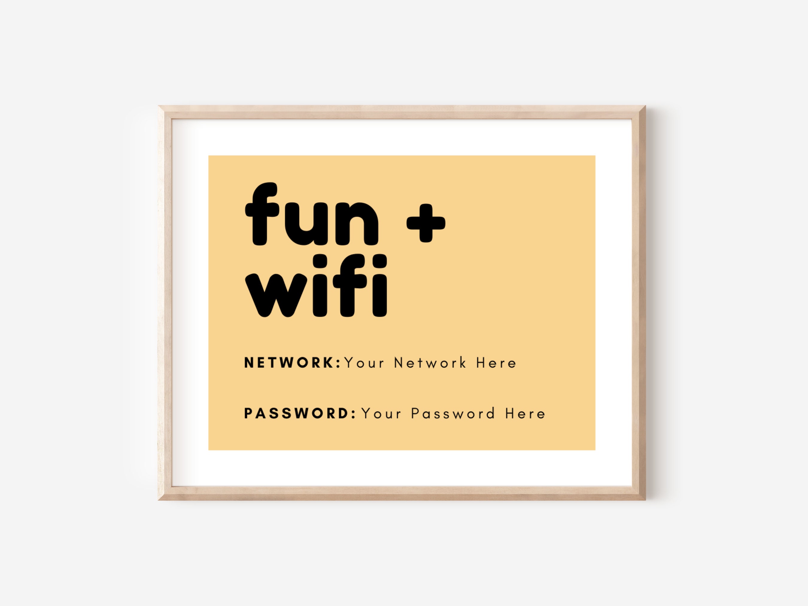 Yellow Editable and Printable WiFi Password Sign | Cute Printables for Girls | "fun + wifi" WiFi sign for Girls Apartment or Dorm
