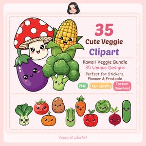 May include: Digital illustration of 35 cute vegetable clipart designs. The image includes a mushroom, corn, eggplant, broccoli, and other vegetables with kawaii faces. Text reads "35 Cute Veggie Clipart" and "Kawaii Veggie Bundle".