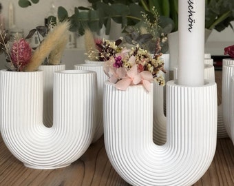 U-Form Vase und Kerzenhalter 2in1 Blumenvase für Trockenblumen Stabkerzenhalter Geschenk Geburtstag Rillen geriffelt Handarbeit Raysin 9,5cm