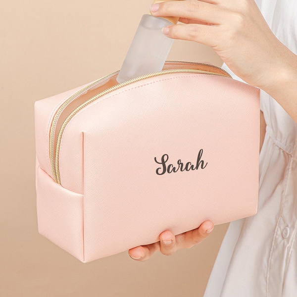 Nombre personalizado Cuero Bolsa cosmética con cremallera Bolsa pequeña Color sólido Maquillaje Estuche Monedero Artículos de tocador Organizador Bolso Dama de honor Regalo de boda