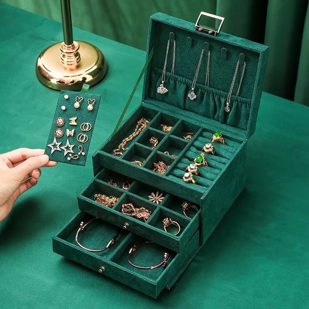 3layer Velvet Green Jewelry Box Customized Name Jewelry Etsy