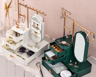 Custom Name Jewelry Organizer | Makeup Mirror Rotating Earring Ring Necklace Display Rack Drawer Type Lipstick Storage Box | Christmas Gift