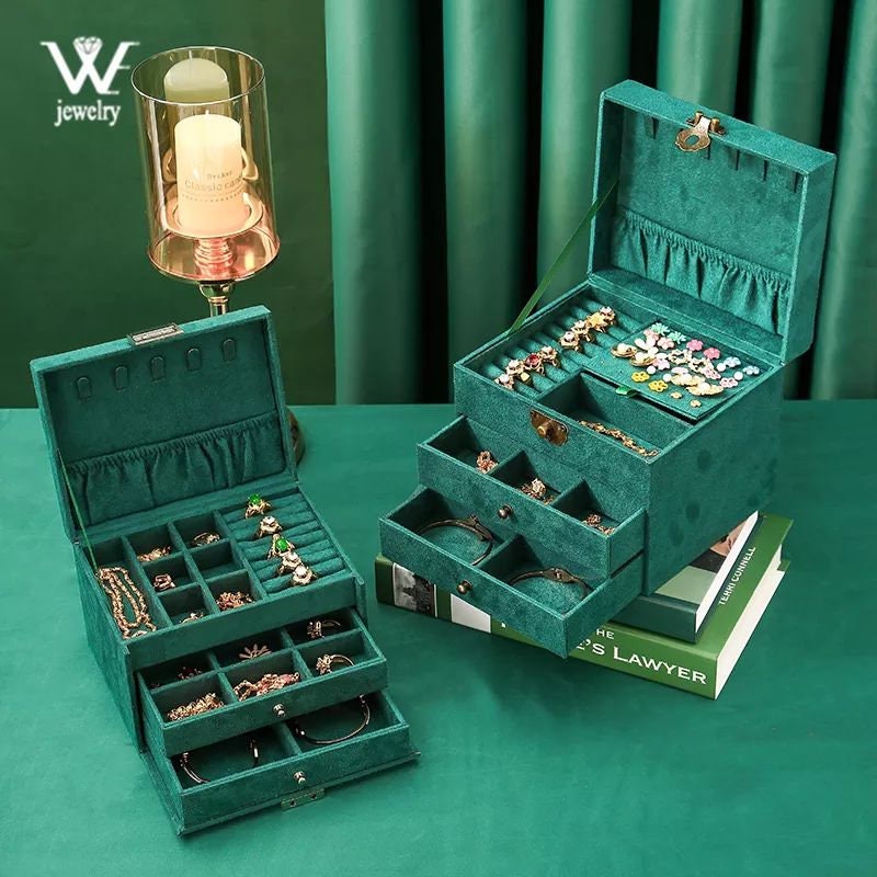 3layer Velvet Green Jewelry Box Customized Name Jewelry Etsy