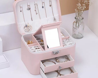 Personalized Name Jewelry Organizer | PU Leather Drawer Jewelry Box With Mirror Earring Ring Neckalce Jewelery Case Organizer Casket (White)