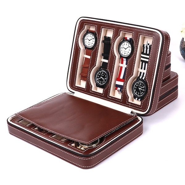 Boîtes de rangement en cuir de montre personnalisées | 8 Grille Montre de Voyage fermeture à glissière Boîtier En Cuir Artificiel Montres Affichage Organisateur Boîte | Cadeau pour lui