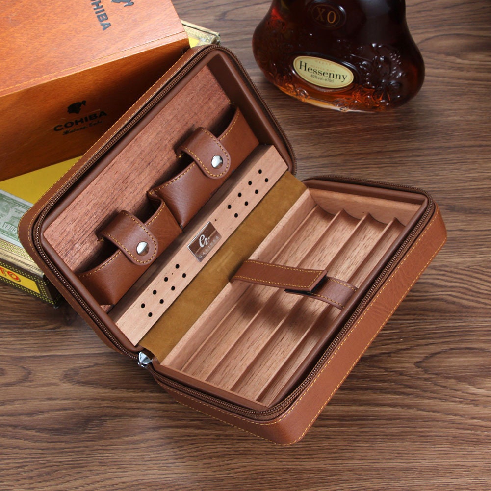 Cigar Case Portable Cedar Wood Leather Travel Humidor Box Holder 4 Cigars  Gift