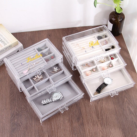Acrylic Clear Jewelry Organizer Storage Box 4 Velvet Drawers & 2 Slide Outs