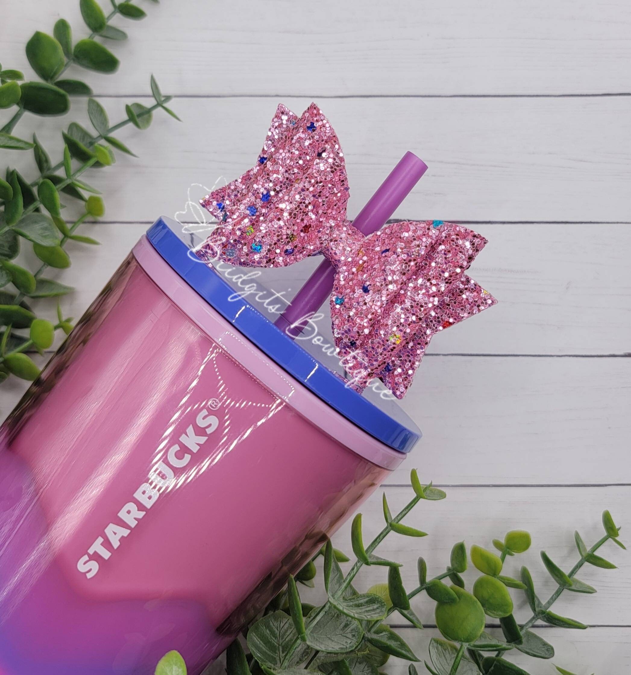 Pink Barb Rhinestone Tumbler with Straw Glitter Bow Inspired