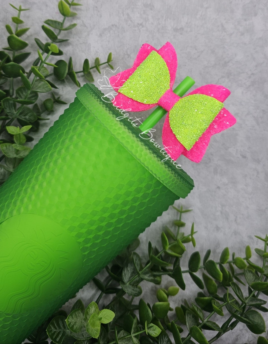 Lime Green & Hot Pink Glitter Straw Bow Topper | Stanley Bright Lime ...