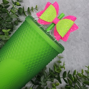Lime Green & Hot Pink Glitter Straw Bow Topper | Stanley Bright Lime | Simple Modern Bow | Stanley Tumbler Bow | Stanley Accessories | Yeti