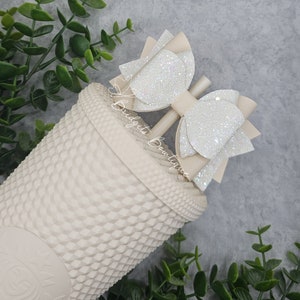 Pearl White & Cream Glitter Stanley Bow | Starbucks Straw Bow | Stanley Accessories | Pearl Stanley | Straw Topper | Stanley Cup Bow