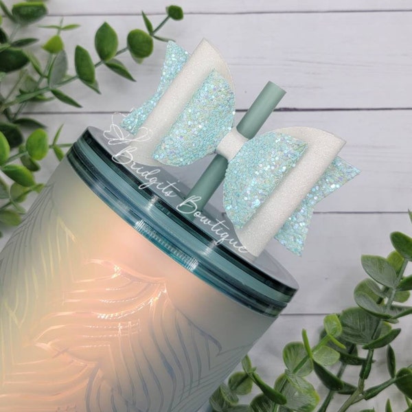 Light Blue & Fine White Glitter Straw Bow | Straw Bow Topper | Straw Bows | Starbucks | Bow Topper | Starbucks Soft Touch Mermaid Tumbler