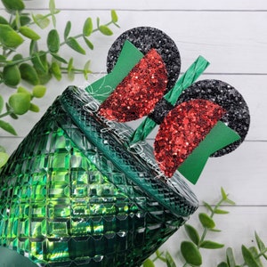 Green, Red & Black Glitter Mouse Ear Straw Bow | Straw Bow Topper | Straw Bow | Bow Topper | Starbucks Green Jeweled Gem Tumbler