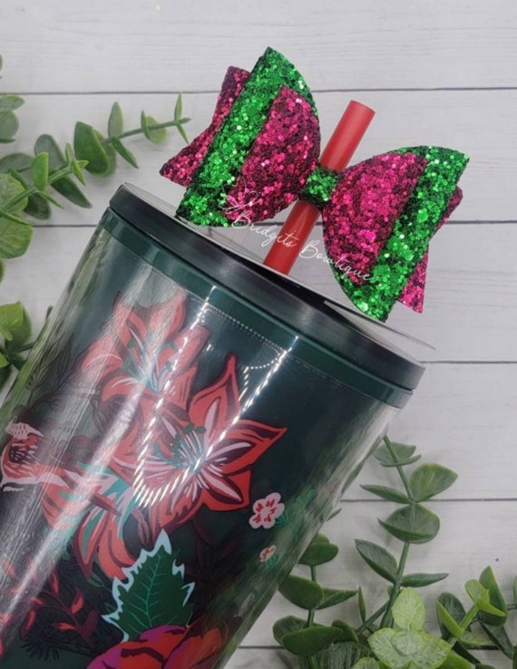 Chunky Green Straw Bow | Straw Bow | Straw Topper Bow | Bows For Tumblers |  Glitter Bow | Starbucks Green Jeweled Tumbler