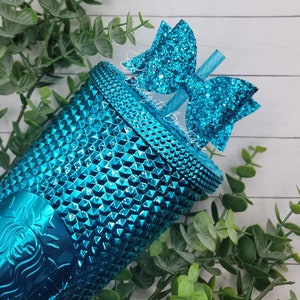 Chunky Teal Blue Glitter Straw Bow | Straw Bow Topper | Straw Bows | Bow Topper | Glitter Bow | Starbucks Teal Chrome Studded Tumbler
