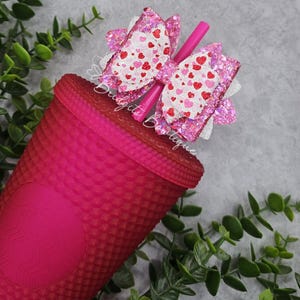 Pink & Red Glitter Heart Stanley Bow Topper |  Starbucks Straw Bow | Stanley Accessories | Simple Modern | Stanley Cup Bow Straw Topper