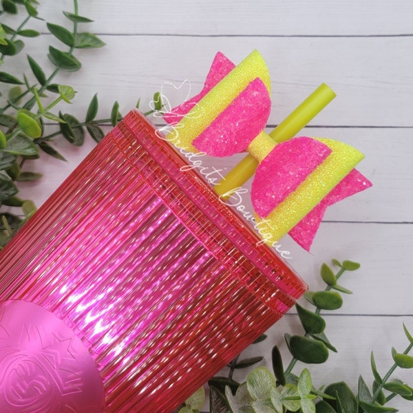 Neon Pink & Yellow Neon Glitter Straw Bow | Straw Bow Topper | Stanley Bow Topper | Starbucks Pleated Magenta Tumbler | Stanley Cup Topper |