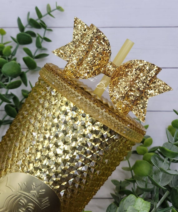 Gold Yellow Chunky Glitter Straw Bow | Straw Bow Topper | Straw Bow |  Starbucks | Bow Topper | Starbucks Gold Bling Studded Tumbler