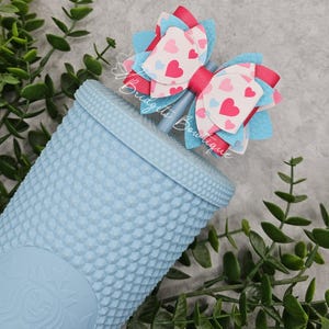 Pink Heart & Light Blue Stanley Bow Topper |  Starbucks Straw Bow | Stanley Accessories | Simple Modern | Stanley Tumbler Bow Straw Topper