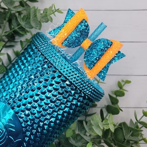 Chunky Teal Blue & Orange Glitter Straw Bow | Straw Bow Topper | Stanley Bow | Glitter Bow | Starbucks Teal Chrome Studded Tumbler