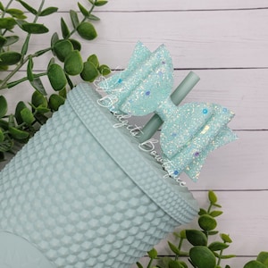 Mint Green Iridescent Glitter Straw Bow | Straw Bow Topper | Straw Bows | Starbucks Mint Soft Touch Studded Tumbler | Stanley Straw Bow