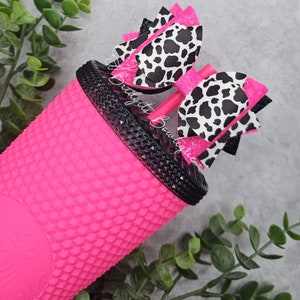 Cow Print Neon Hot Pink Stanley Tumbler Bow | Glitter Straw Bow Topper | Starbucks Pink Studded Tumbler Accessories Gifts For Her