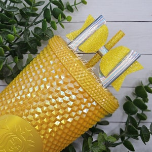 Yellow Glitter & Silver Holographic Straw Bow | Bow Straw Topper Stanley Bow | Starbucks Sunshine Yellow Studded Tumbler Starbucks Straw Bow