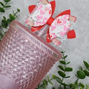 Pink, Red & Silver Heart Stanley Bow Topper |  Starbucks Straw Bow | Stanley Accessories | Simple Modern | Stanley Tumbler Bow Straw Topper