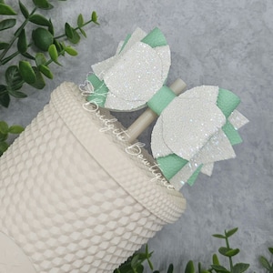 White Glitter & Mint Stanley Tumbler Bow, Simple Modern, Starbucks, Stanley Accessories, Glitter Bow For Stanley, Birthday Gifts Glitter Bow