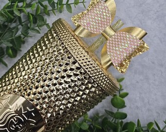 Gold Textured Glitter Straw Bow | Straw Bow Topper | Straw Topper For Stanley Bows For Cups | Starbucks Gold Studded Tumbler