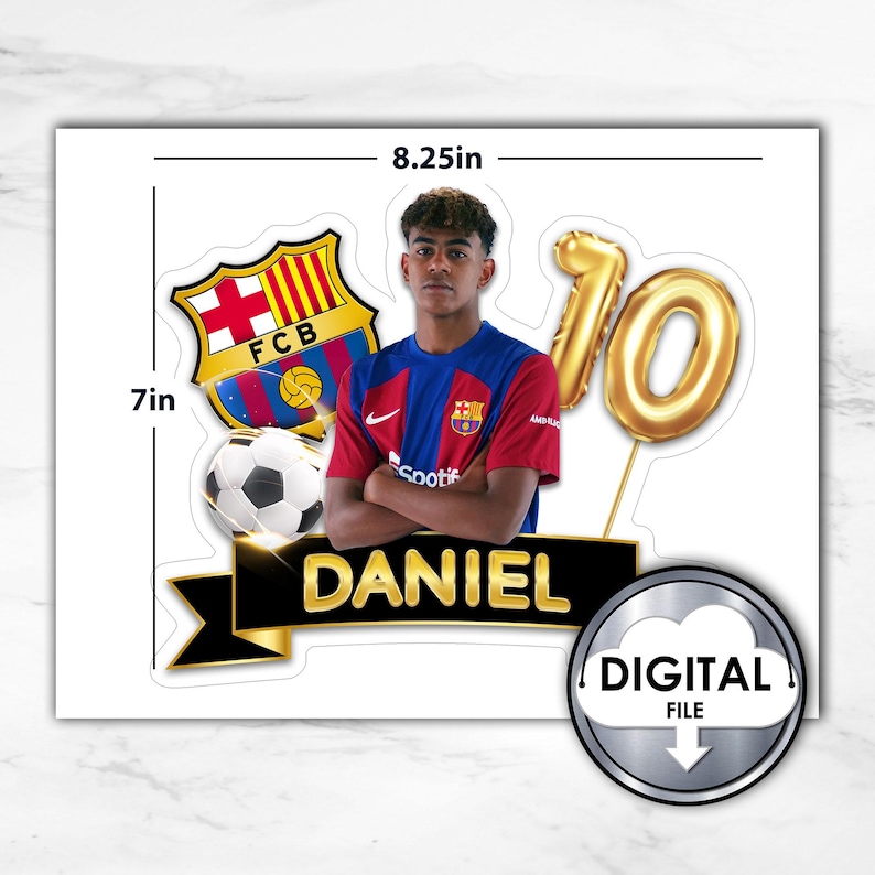 May include: A digital file for a birthday cake topper featuring a soccer player wearing a red and blue jersey with the FC Barcelona logo. The player is holding a soccer ball and the topper also includes a gold number 10 balloon and a black banner with the name "DANIEL" in gold letters.