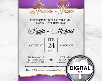Puede incluir: Una invitación de baby shower morada y blanca con coronas doradas y el texto "Princesa o Príncipe". La invitación es para Kayla y Michael y está programada para el sábado 24 de febrero a las 2 en punto. La invitación incluye la ubicación y la información de RSVP.