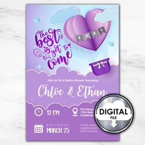Beste ist noch zu kommen Baby-Dusche digitale Einladung bts inspiriert lila Heißluftballon Größe 5x7 IW5T4A