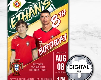 Invitación personalizada a la fiesta de cumpleaños de Cristiano Ronaldo de fútbol de Portugal con foto imprimible digital 1T30D Fiesta para niños CR7
