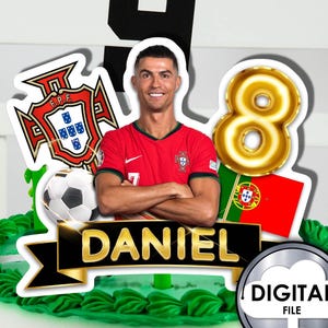 Decoração de bolo de aniversário personalizada com tema de futebol Cristiano Ronaldo com nome e idade para impressão digital 1T30D Party CR7 vermelho e verde