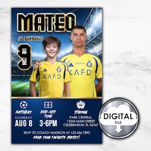 Customized Soccer Football Portugal Cristiano Ronaldo Birthday Party Invitation Invite with photo Digital Printable 1T30D CR7 Blue Yellow