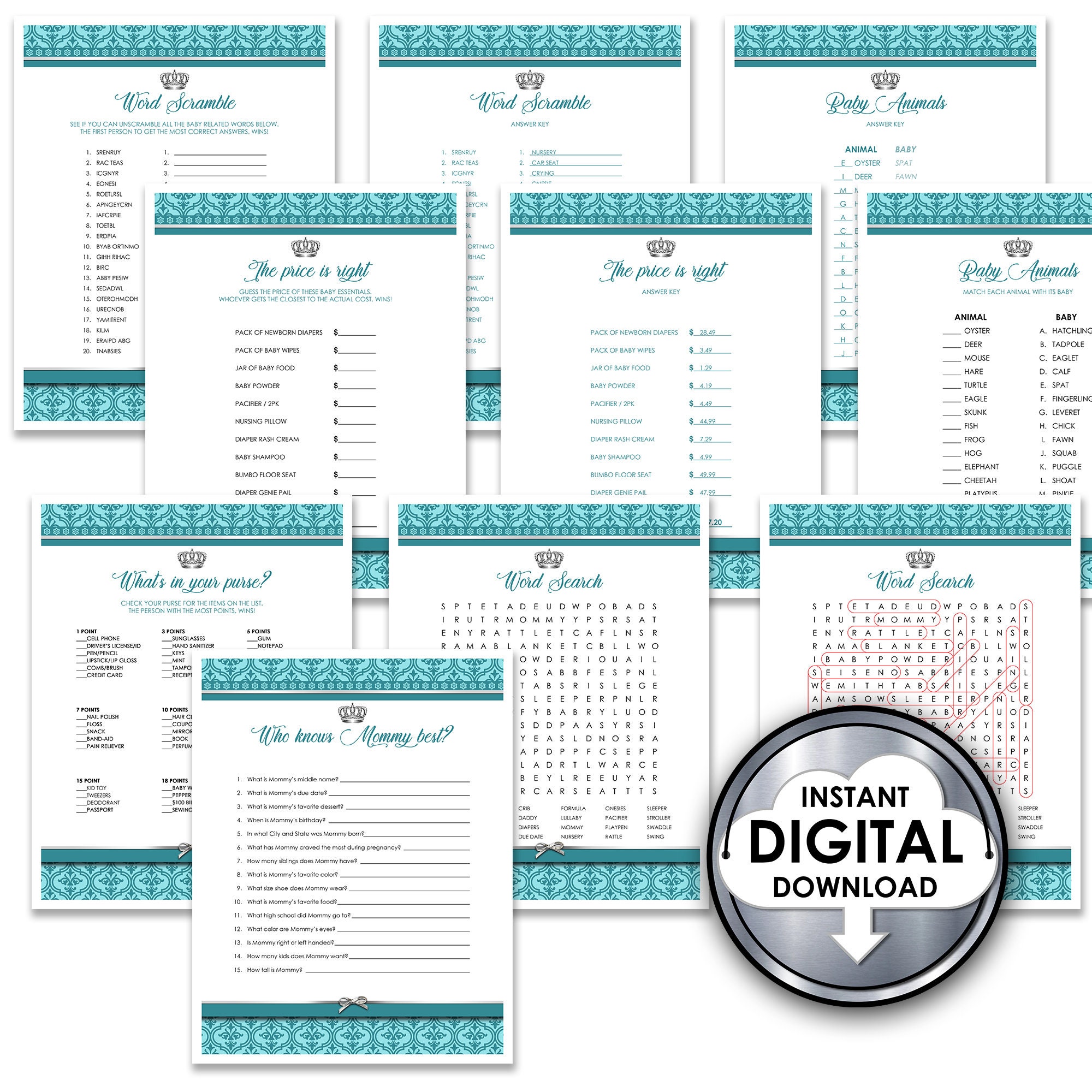 little-prince-baby-shower-printable-games-teal-blue-green-etsy