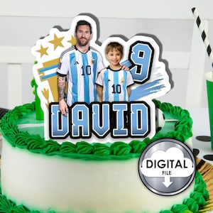 Decorazione per torta di compleanno personalizzata con pallone da calcio Argentina Messi, foto, nome, età, stampabile digitale, personalizzabile, 6Q2C8, festa per bambini