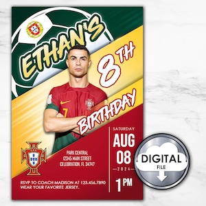 Convite personalizado para festa de aniversário, futebol, portugal, cristiano ronaldo, convite digital para impressão, 1t30d, festa infantil cr7
